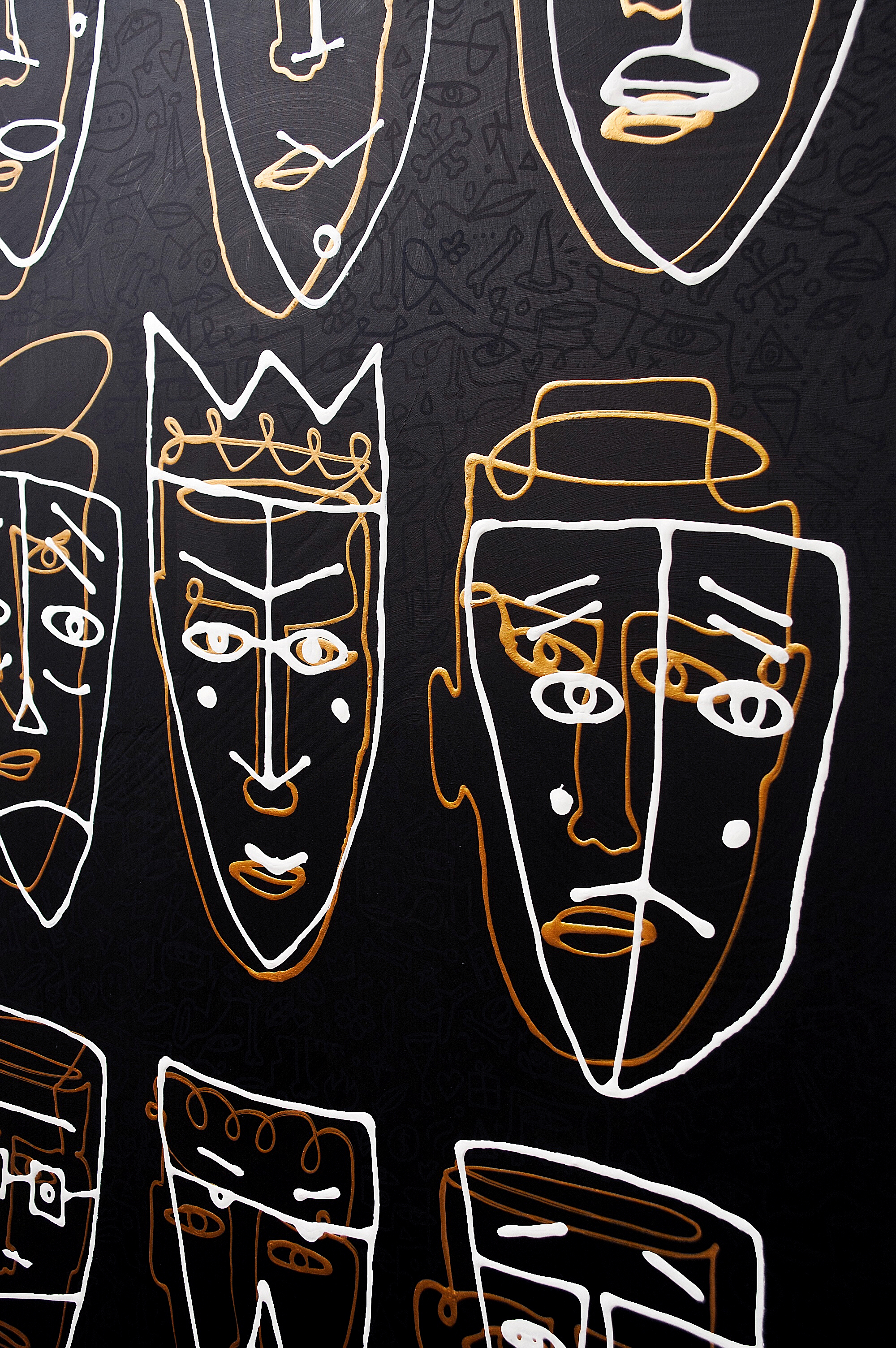 Who am I? - contemporary artwork - monoline white and gold faces on black - masks on faces - pattern with objects on the back