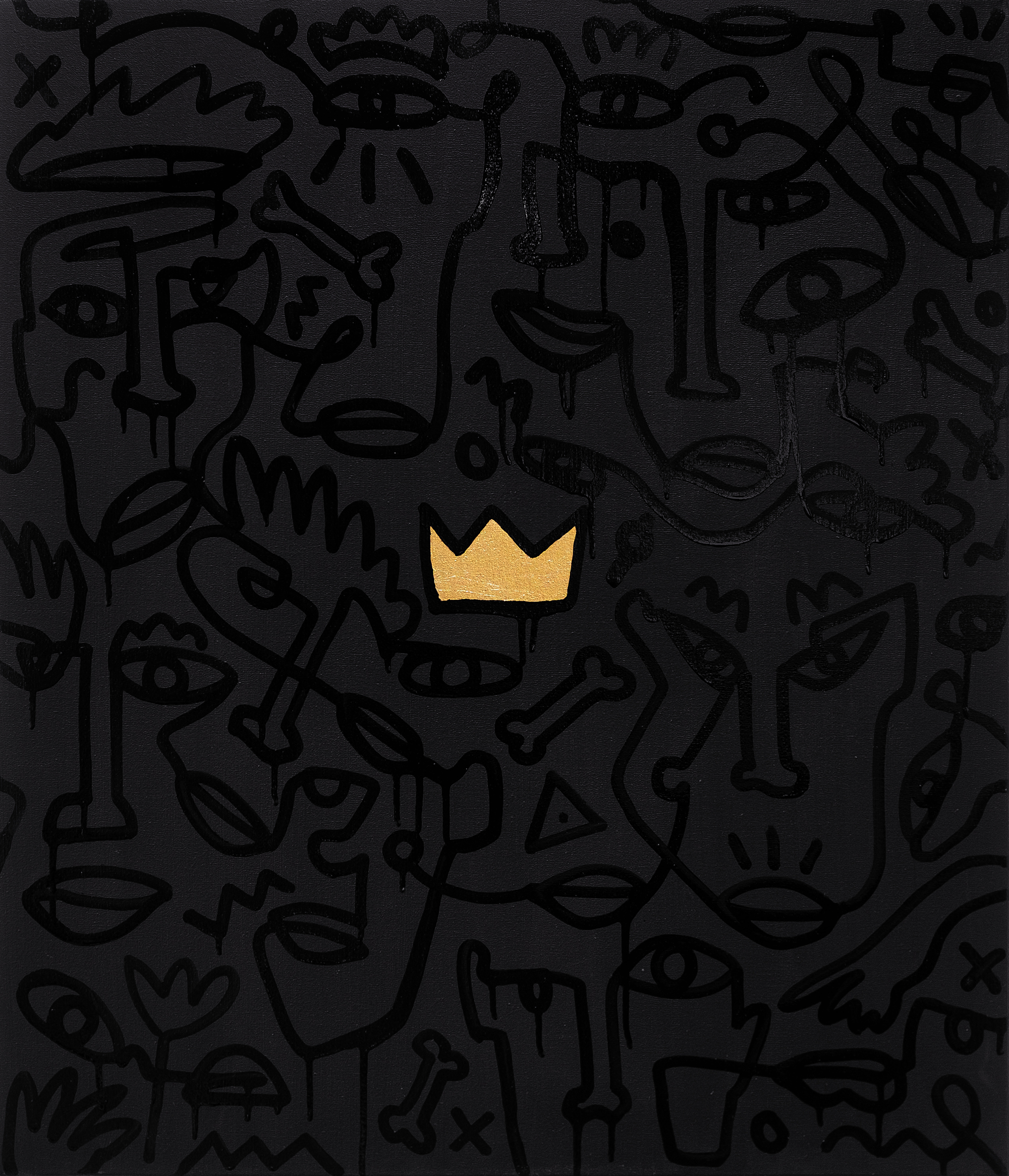 Black Velvet Future - contemporary Ukrainian art - monoline faces on a black with crown in the center - black on black picture