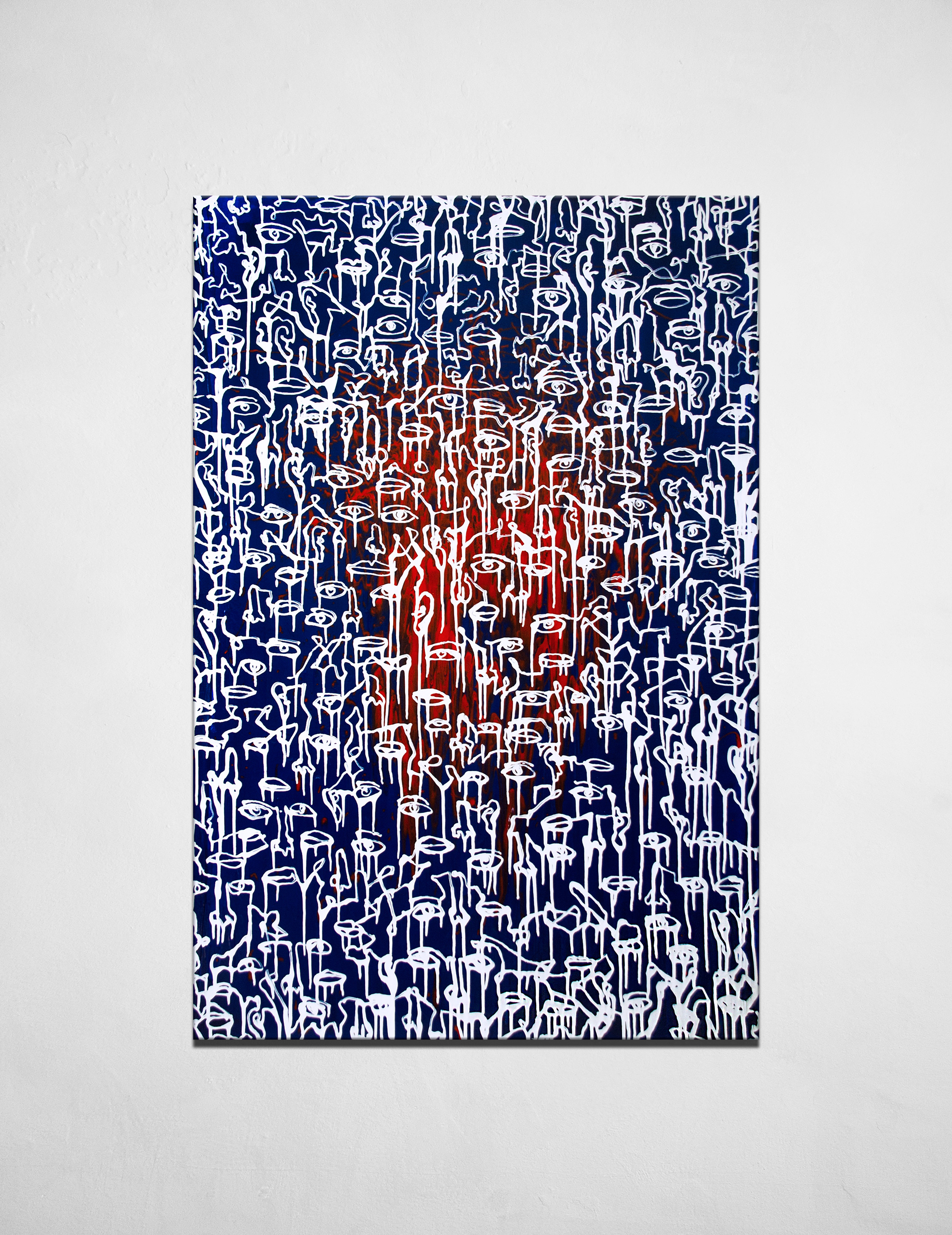 The silence of forever petrified - contemporary Ukrainian artwork - white monoline eyes and leaps on the blue and red