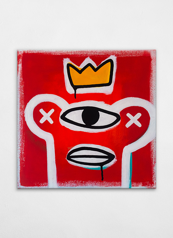 Knowledge Confidence Stone - contemporary artwork - monster in crown with one big eye on red background