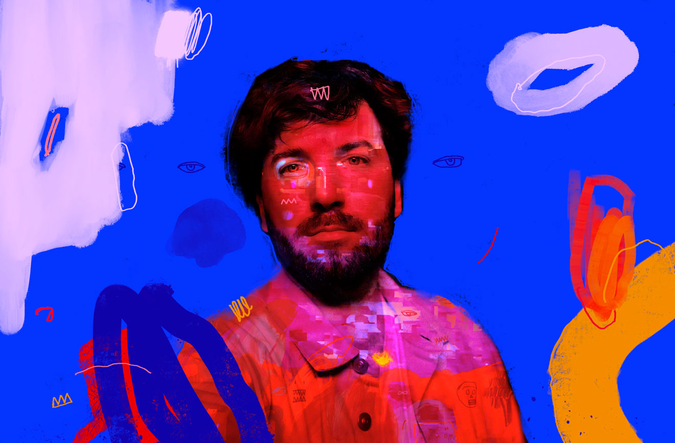 Portrait of the artist Bohdan Svyrydov in the style of his artworks.
