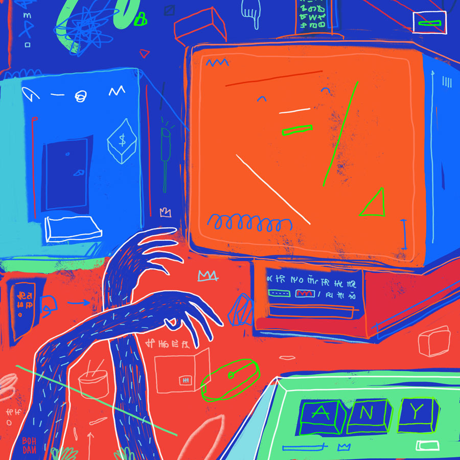 Colourful digital drawing that depict a monitor with a face on the screen, hands that typing the word ANY on the keyboard, and expressionistic elements.